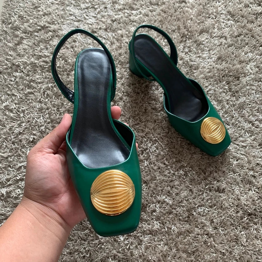 2024 Fashion: Green Leather Slingbacks, Squared Toe, Elegant Lady Heels