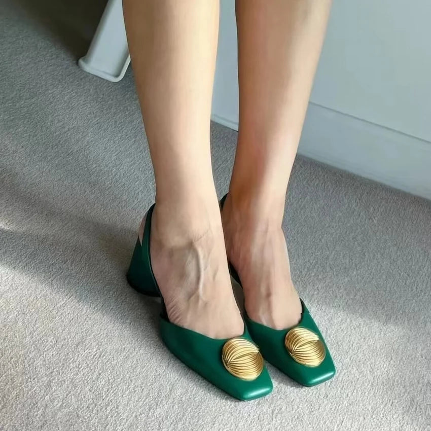 2024 Fashion: Green Leather Slingbacks, Squared Toe, Elegant Lady Heels