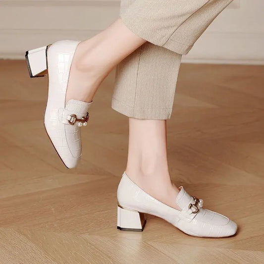 Leisure Square Buckle Pumps: Soft Leather, Medium Heel