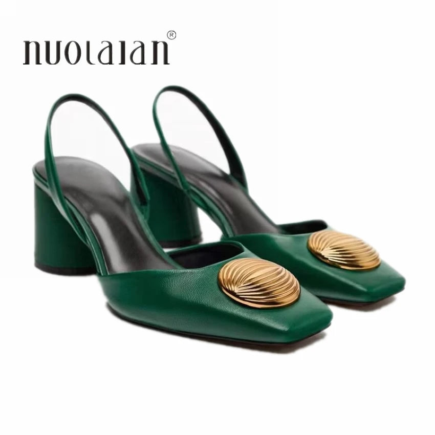 2024 Fashion: Green Leather Slingbacks, Squared Toe, Elegant Lady Heels