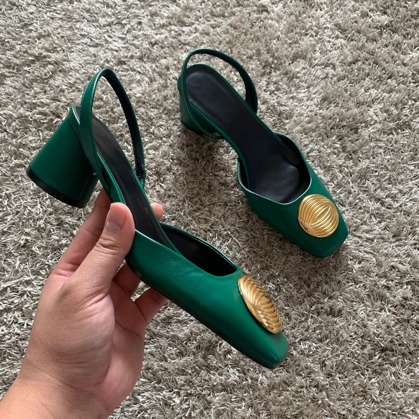 2024 Fashion: Green Leather Slingbacks, Squared Toe, Elegant Lady Heels