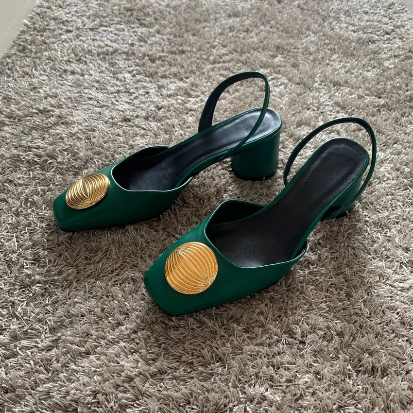 2024 Fashion: Green Leather Slingbacks, Squared Toe, Elegant Lady Heels